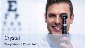 Presentation with optometrist - Cool new presentation theme with smiling optometrist looking through ophthalmoscope backdrop and a sky blue colored foreground