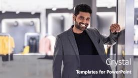  Presentation with clothing - Slide set consisting of smiling-owner-standing-at-doorway background and a dark gray colored foreground