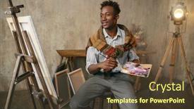  Presentation with brush - Colorful presentation design enhanced with smiling-painter-with-brush backdrop and a tawny brown colored foreground