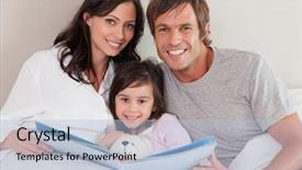  Presentation with story - Presentation theme having smiling parents reading a story background and a light blue colored foreground