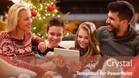 Presentation with children parents - PPT theme with smiling parents with children watching christmas photos on tablet background and a red colored foreground