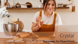  Presentation with pastry chef - Slide deck having smiling-pastry-chef-woman-using background and a red colored foreground