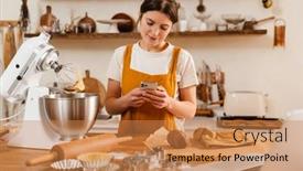  Presentation with pastry chef - Audience pleasing PPT theme consisting of smiling-pastry-chef-woman-using backdrop and a coral colored foreground
