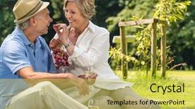 Presentation with pensioner - Beautiful theme featuring smiling pensioner couple picnicking in the park sunny day backdrop and a yellow colored foreground