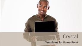  Presentation with laptop blank screen - Theme with smiling pensive african man showing blank laptop computer screen and looking up over white background background and a coral colored foreground