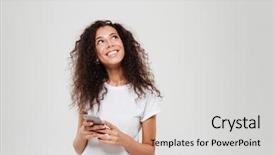  Presentation with hands holding - Cool new theme with smiling pensive woman holding smartphone backdrop and a light gray colored foreground