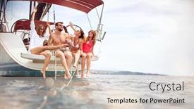  Presentation with people enjoying - Colorful presentation enhanced with smiling-people-sailing-on-yacht backdrop and a soft green colored foreground