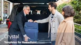  Presentation with transfer - Presentation theme consisting of smiling-people-using-a-shuttle background and a ocean colored foreground