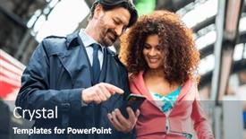  Presentation with multicultural people together - Slide deck having smiling-people-using-a-smartphone background and a navy blue colored foreground