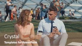  Presentation with paper cups - Amazing PPT layouts having smiling people with paper cups at a meeting backdrop and a coral colored foreground
