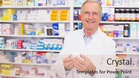  Presentation with pharmacy - Theme consisting of smiling pharmacist holding a box background and a  colored foreground