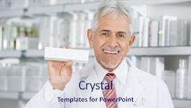  Presentation with pharmacist - Theme enhanced with smiling pharmacist holding medicine box background and a  colored foreground