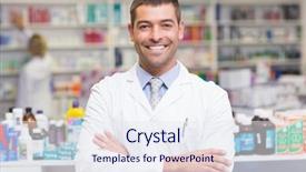  Presentation with lab coat - Beautiful slides featuring smiling pharmacist in lab coat looking at camera in the pharmacy backdrop and a sky blue colored foreground