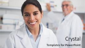  Presentation with healthcare workers - Colorful slide set enhanced with smiling pharmacist looking at camera backdrop and a light gray colored foreground