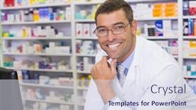  Presentation with hospital pharmacy - Colorful presentation design enhanced with smiling pharmacist looking at camera at the hospital pharmacy backdrop and a sky blue colored foreground
