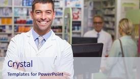  Presentation with hospital pharmacy - Slides enhanced with smiling pharmacist looking at camera at the hospital pharmacy background and a sky blue colored foreground