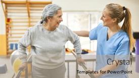  Presentation with rehab - Theme enhanced with smiling-physiotherapist-assisting-happy-senior background and a mint green colored foreground