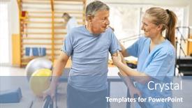  Presentation with rehab - Presentation theme having smiling-physiotherapist-assisting-senior-man background and a teal colored foreground