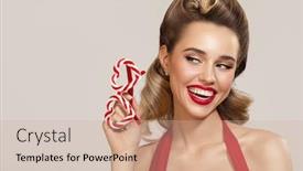  Presentation with glasses - PPT theme featuring smiling-pin-up-girl-holding background and a soft green colored foreground