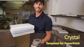  Presentation with pizza delivery - PPT layouts having smiling pizza delivery man holding background and a tawny brown colored foreground