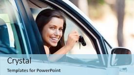  Presentation with self driving car - Colorful presentation design enhanced with smiling portrait with car key backdrop and a light blue colored foreground