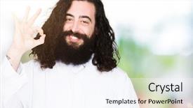  Presentation with jesus christ - Theme enhanced with smiling positive doing ok sign background and a sky blue colored foreground