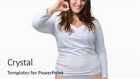  Presentation with plus size fashion model - PPT theme with smiling positive doing ok sign background and a  colored foreground