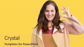  Presentation with fingers - Cool new slide deck with smiling positive doing ok sign backdrop and a  colored foreground