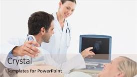  Presentation with ultrasound - Presentation design consisting of smiling pregnant blonde having an ultrasound scan at the hospital background and a soft green colored foreground