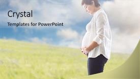  Presentation with pregnant - Beautiful slide set featuring smiling pregnant woman touching around the abdomen against greenery background backdrop and a lemonade colored foreground