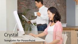  Presentation with newspaper laptop - Presentation design having smiling pregnant woman using laptop at home while her husband is reading newspaper background and a mint green colored foreground