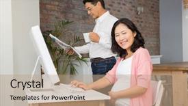  Presentation with newspaper laptop - Colorful presentation enhanced with smiling pregnant woman using laptop at home while her husband is reading newspaper backdrop and a coral colored foreground