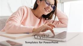  Presentation with laptop - PPT layouts enhanced with smiling-prettty-girl-working background and a coral colored foreground