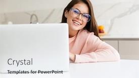  Presentation with laptop - Beautiful PPT layouts featuring smiling-prettty-girl-working backdrop and a white colored foreground