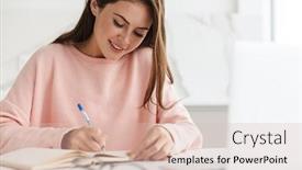  Presentation with taking notes - Colorful PPT theme enhanced with smiling-prettty-girl-working backdrop and a lemonade colored foreground