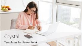  Presentation with diary - Amazing PPT theme having smiling-prettty-girl-working backdrop and a light gray colored foreground