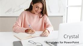  Presentation with taking notes - Slide set consisting of smiling-prettty-girl-working background and a white colored foreground