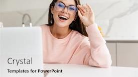  Presentation with laptop - Colorful slide set enhanced with smiling-prettty-girl-working backdrop and a lemonade colored foreground