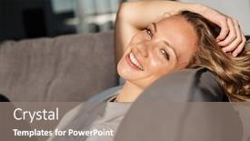  Presentation with relaxing - Beautiful PPT theme featuring smiling-pretty-blonde-young-woman backdrop and a gray colored foreground
