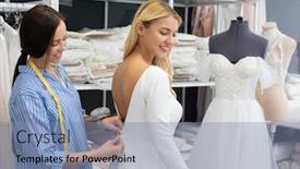  Presentation with white wedding - Beautiful theme featuring smiling-pretty-bride-fitting-white backdrop and a seafoam green colored foreground