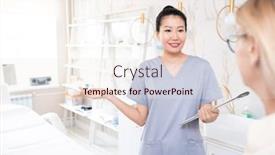  Presentation with scrubs - Beautiful PPT theme featuring smiling-pretty-cosmetologist-in-scrubs backdrop and a sky blue colored foreground