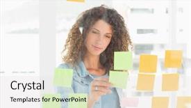 Presentation with sticky notes - Amazing presentation design having smiling pretty designer looking at sticky notes on window in creative office backdrop and a light gray colored foreground