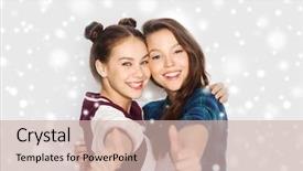  Presentation with teens - PPT theme with smiling pretty teenage girls hugging background and a soft green colored foreground