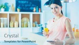  Presentation with looking glass - Cool new PPT theme with smiling pretty woman looking at mobile phone and holding glass of orange juice while having breakfast in a kitchen backdrop and a sky blue colored foreground