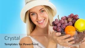  Presentation with fruits - PPT layouts consisting of smiling-pretty-woman-with-fruits background and a coral colored foreground