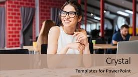  Presentation with workplace - Amazing PPT theme having smiling pretty young business backdrop and a coral colored foreground