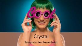  Presentation with pink green - Colorful PPT layouts enhanced with smiling pretty young lady with green short hair wearing pink cool shades isolated blue background backdrop and a coral colored foreground