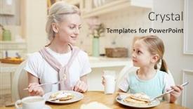  Presentation with mom daughter - Presentation theme consisting of smiling pretty young mom with sweater on neck and her cute daughter eating pancakes and talking at breakfast content kid drinking milk background and a lemonade colored foreground