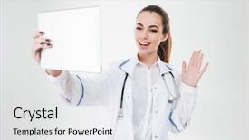  Presentation with video-background - Colorful slide set enhanced with smiling-pretty-young-woman-doctor backdrop and a sky blue colored foreground