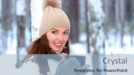  Presentation with tea coffee - Beautiful theme featuring smiling pretty young woman with a cup of hot tea or coffee is posing in a winter forest or park backdrop and a light blue colored foreground